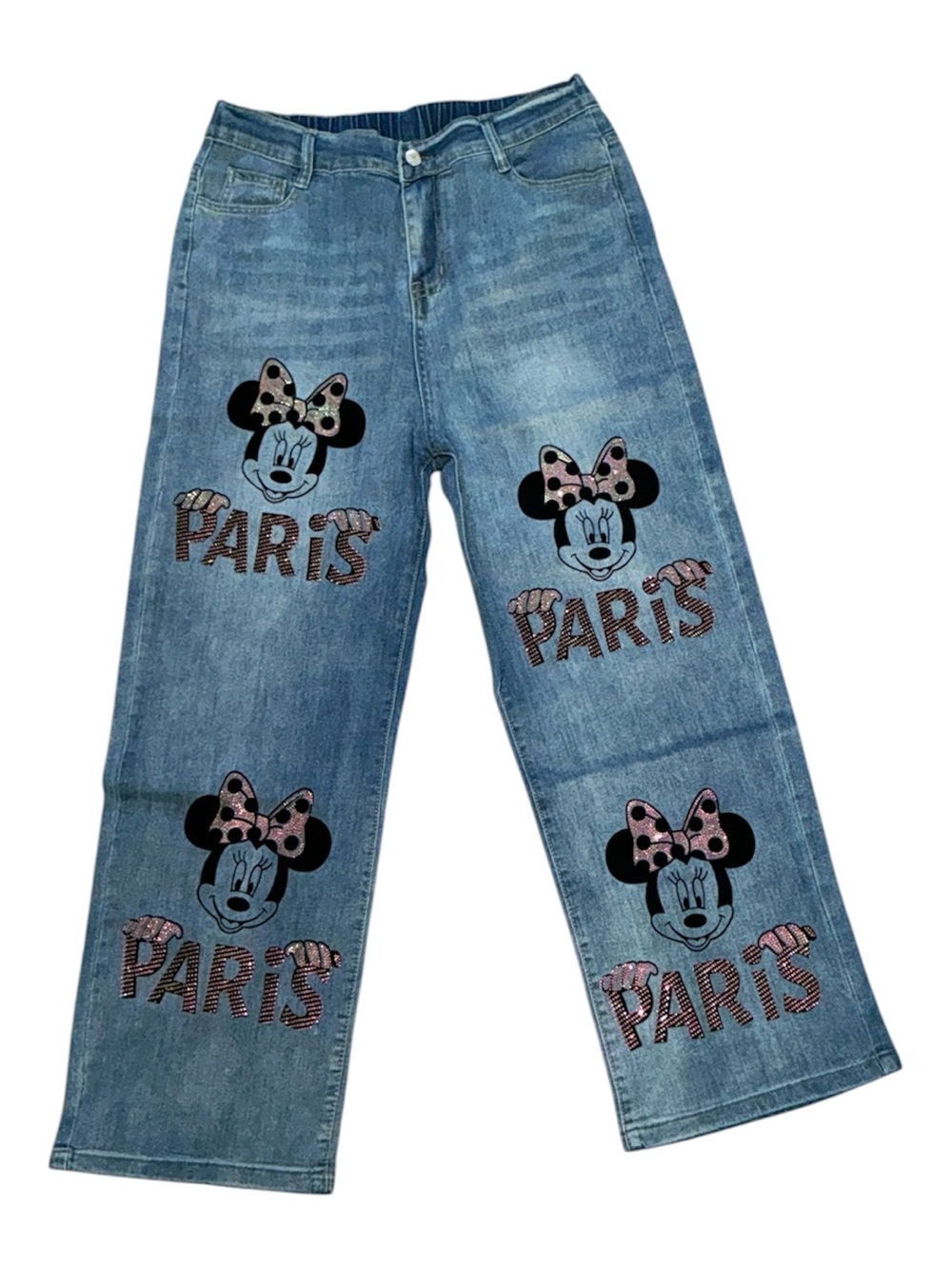 Disney Blue Denim Wide-Leg Jeans with Minnie Paris Motifs